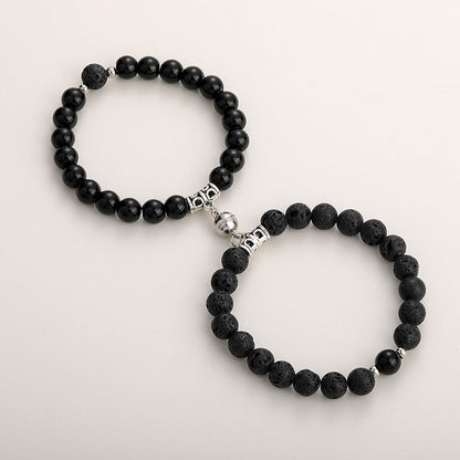 Black Lava & Agate Magnetic Couple Bracelet Set