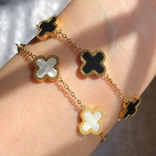 Elegant Black and White Four-Leaf Clover Bracelet