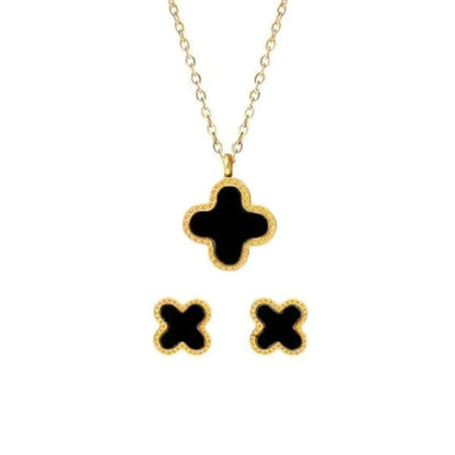 Four Leaf Clover Pendant With Ear Studs (Black) 2Pcs Set