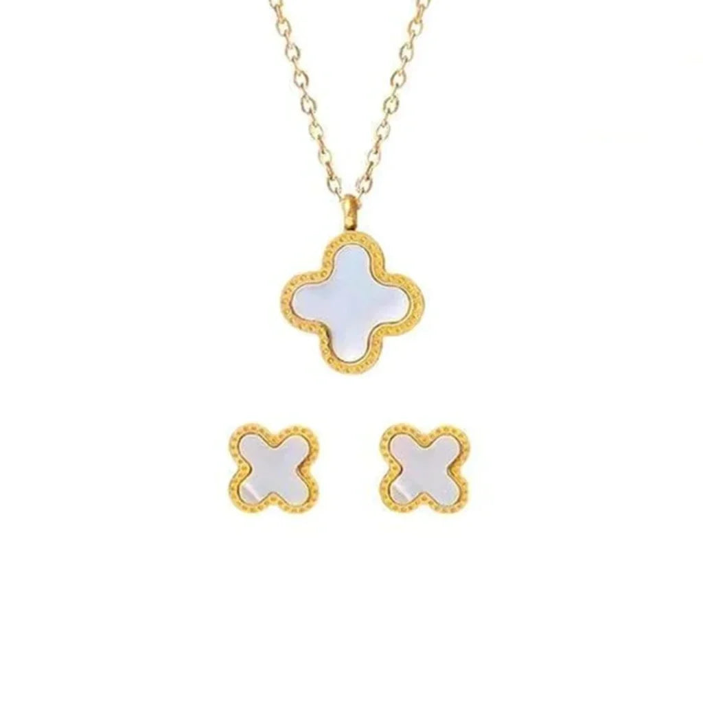 Four Leaf Clover 2 Sided Pendant With Ear Studs (White) 2Pcs Set