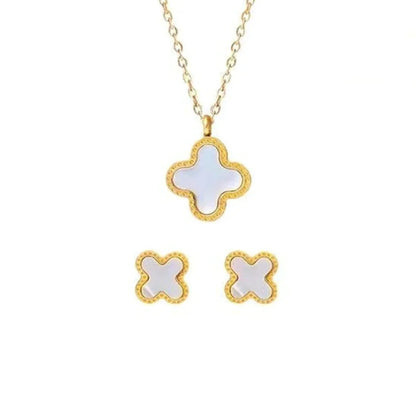 Four Leaf Clover 2 Sided Pendant With Ear Studs (White) 2Pcs Set